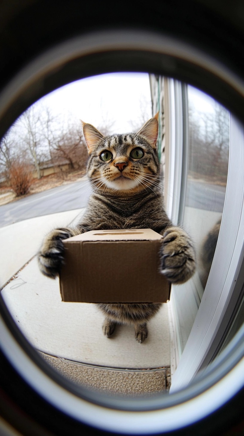 Curious Cat Waits by Door with Surprise Box