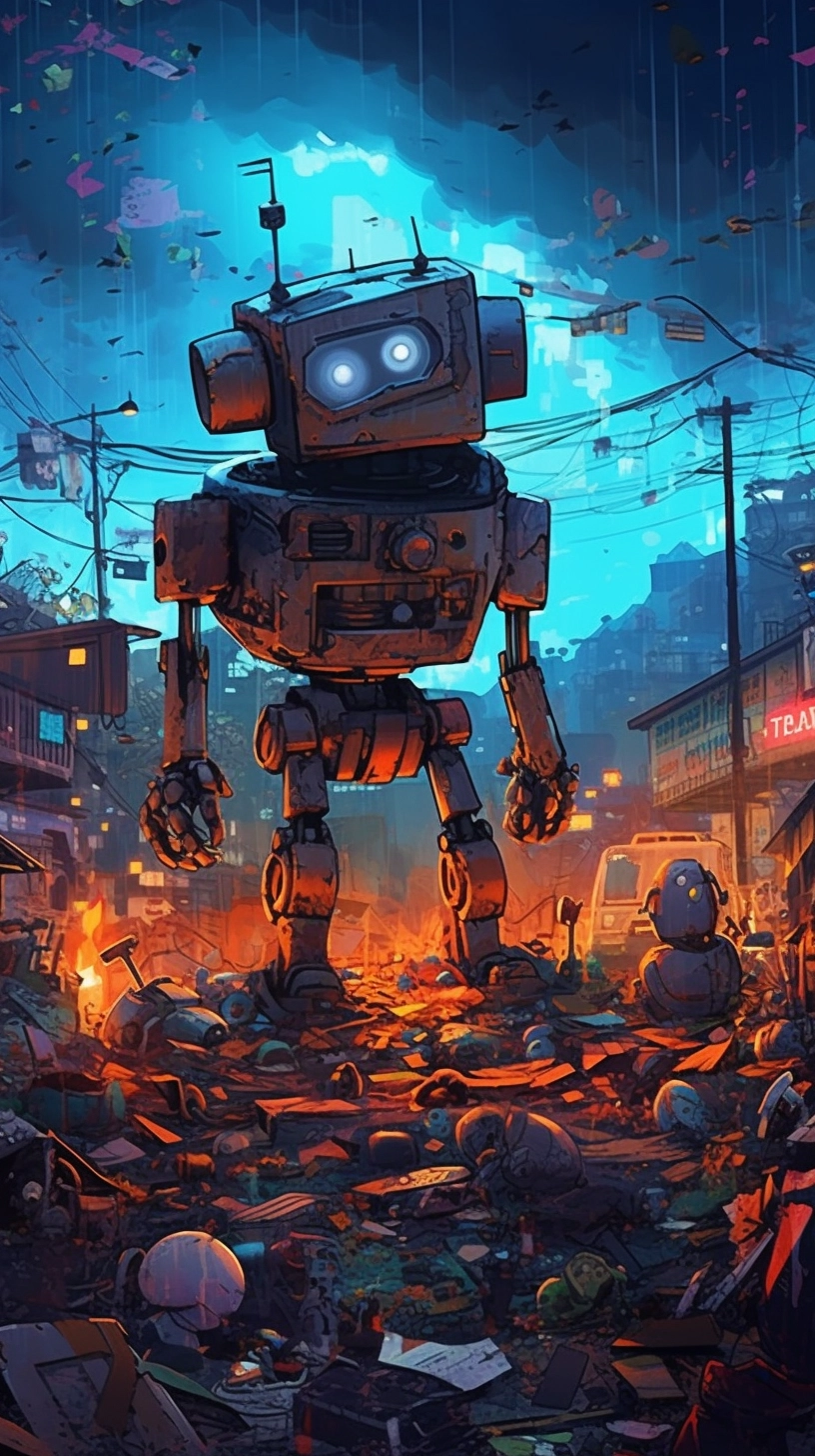 Nighttime Future Junkyard: Whimsical Robot Trash Art