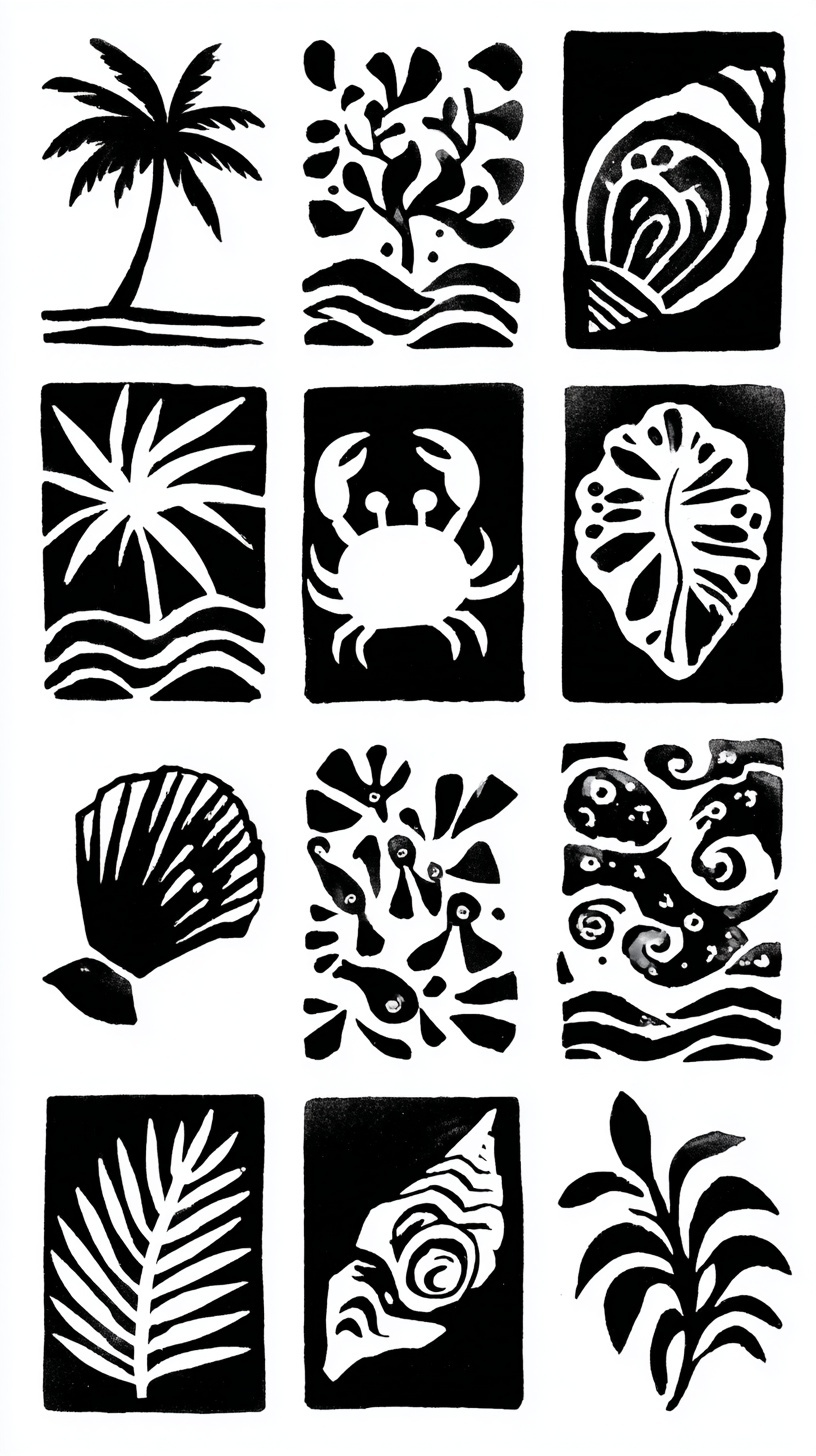 Tropical Beach Icons in Matisse Cut-Out Style