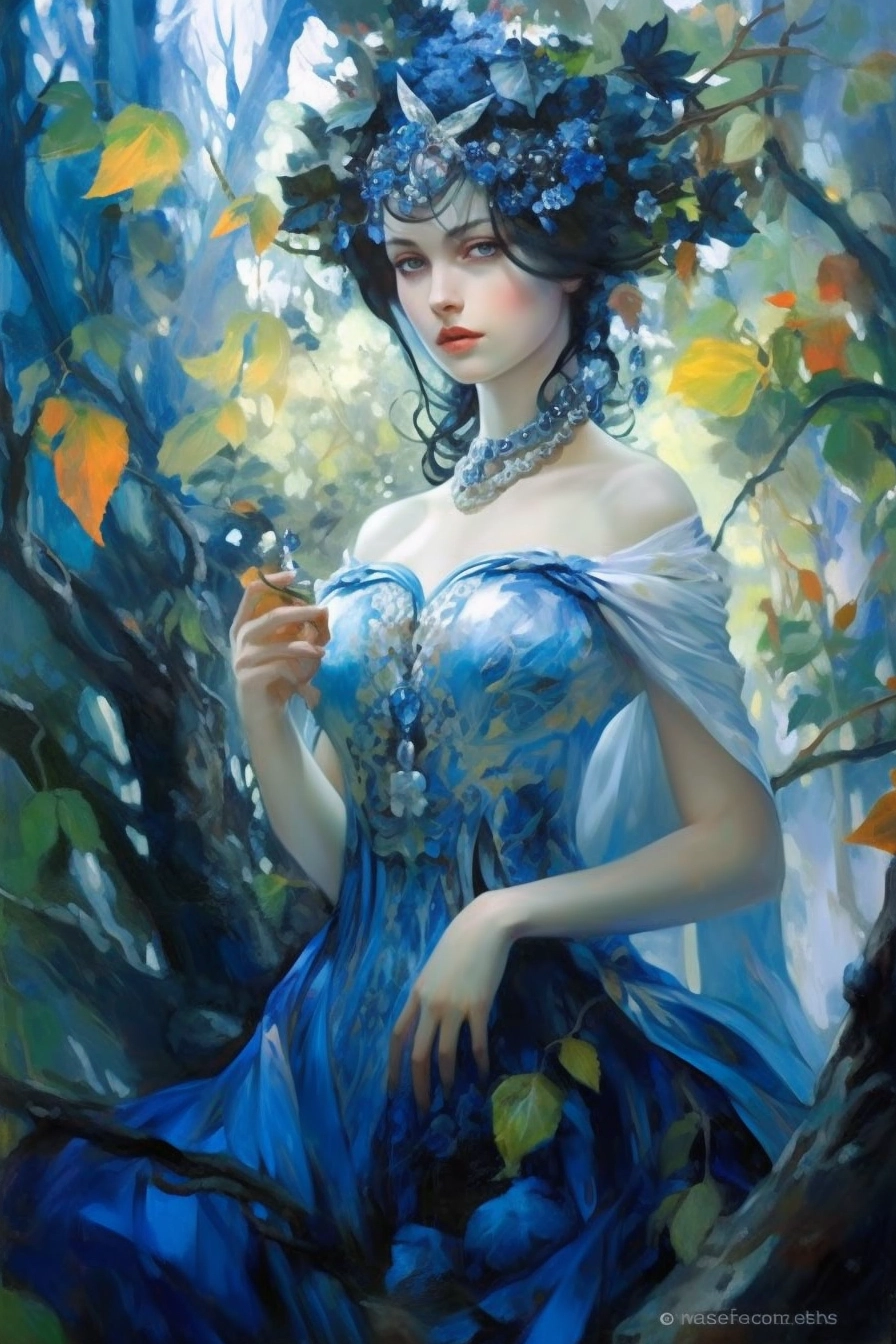 Graceful Blueberry Queen: Cinematic Forest Oil Painting