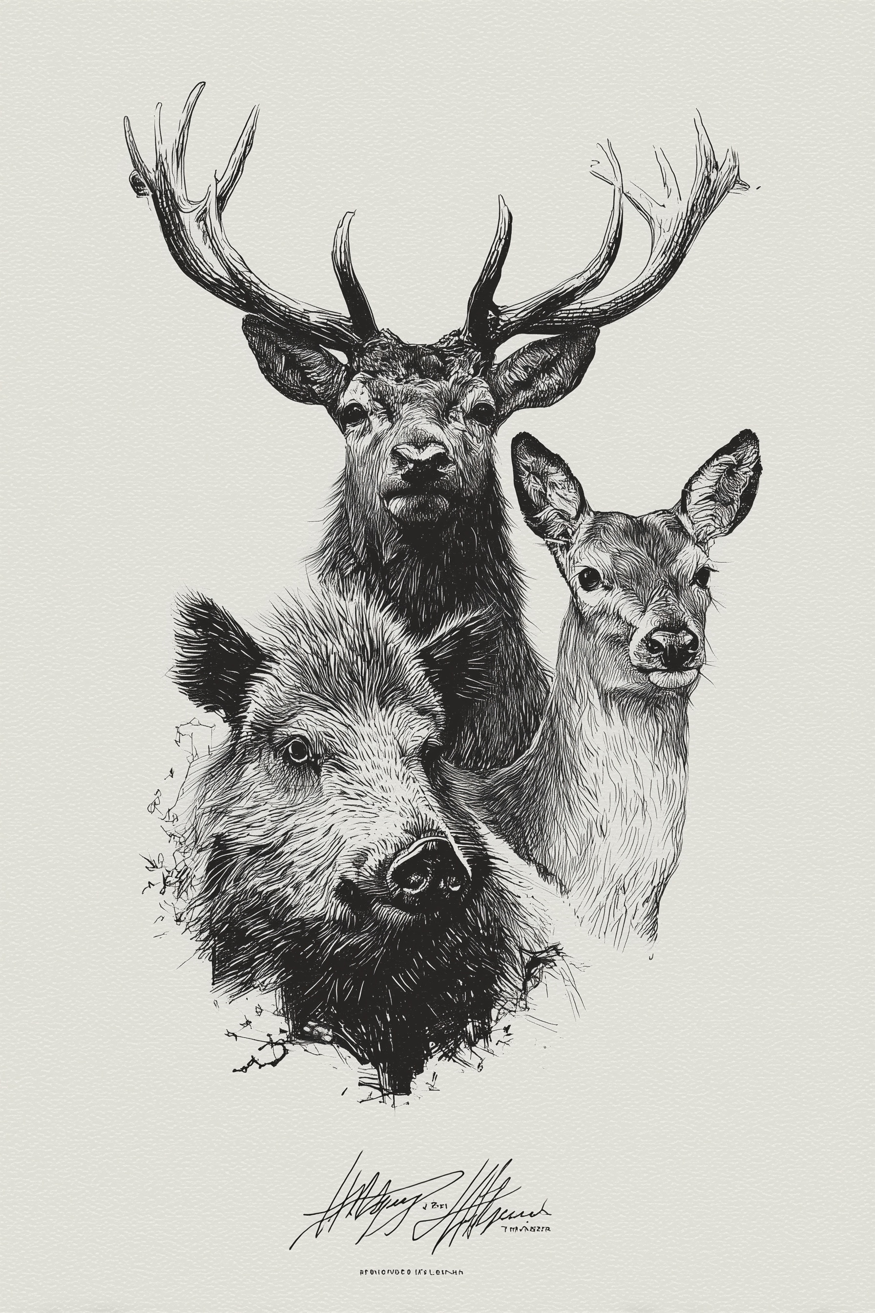 Majestic Wildlife Ink Portrait: Stag, Deer, Boar