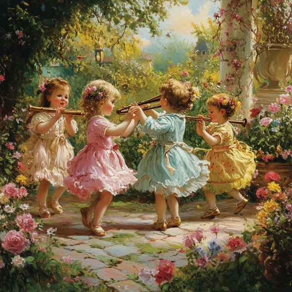 Joyful Children Dancing in a Floral Rococo Garden