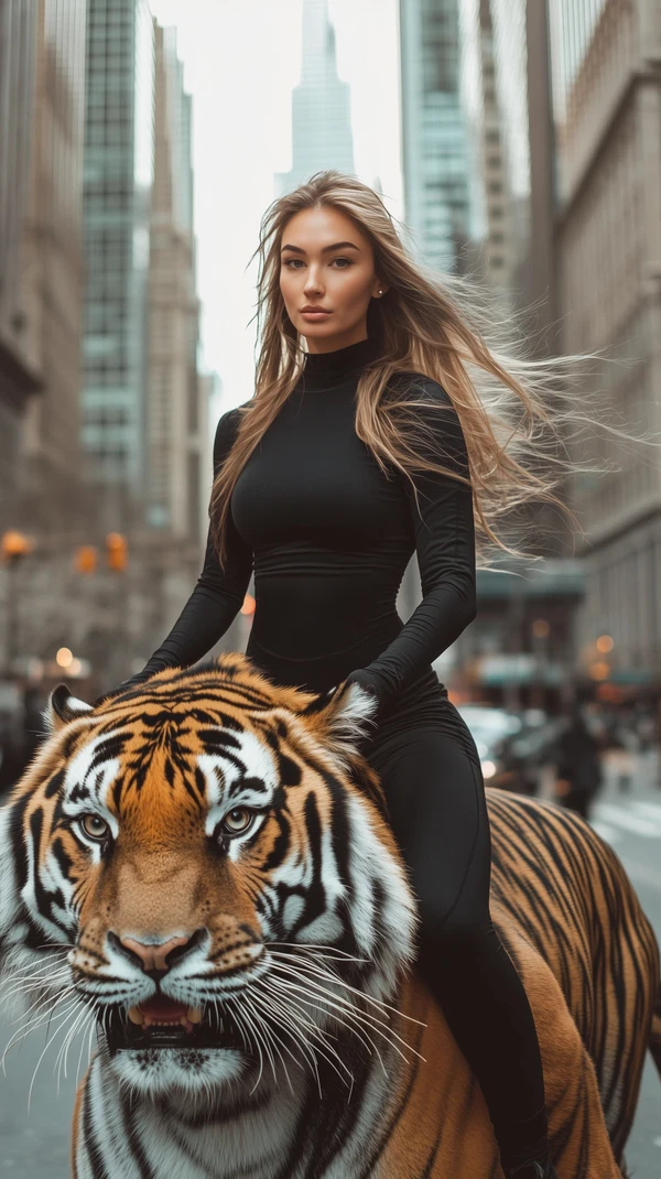 Elegant Woman in Sport Jumpsuit Rides a Tiger