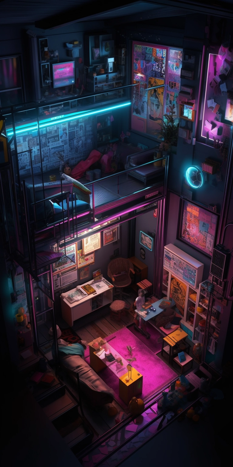 Vibrant Cyberpunk Apartment: Bold LED Colors & Detailed Scenes