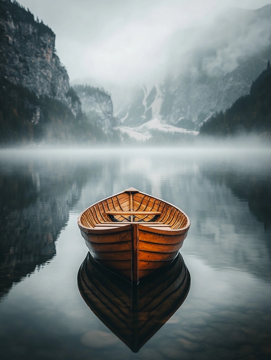 Serene Lake Reflection: Misty Mountain Escape