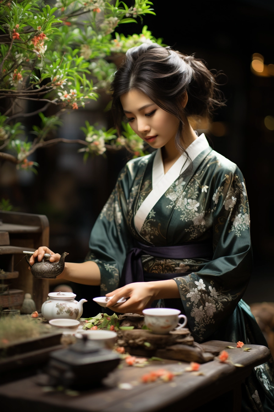 Tranquil Chinese Scene: Green Tree, Golden Blossoms | Admiring Nature's Beauty