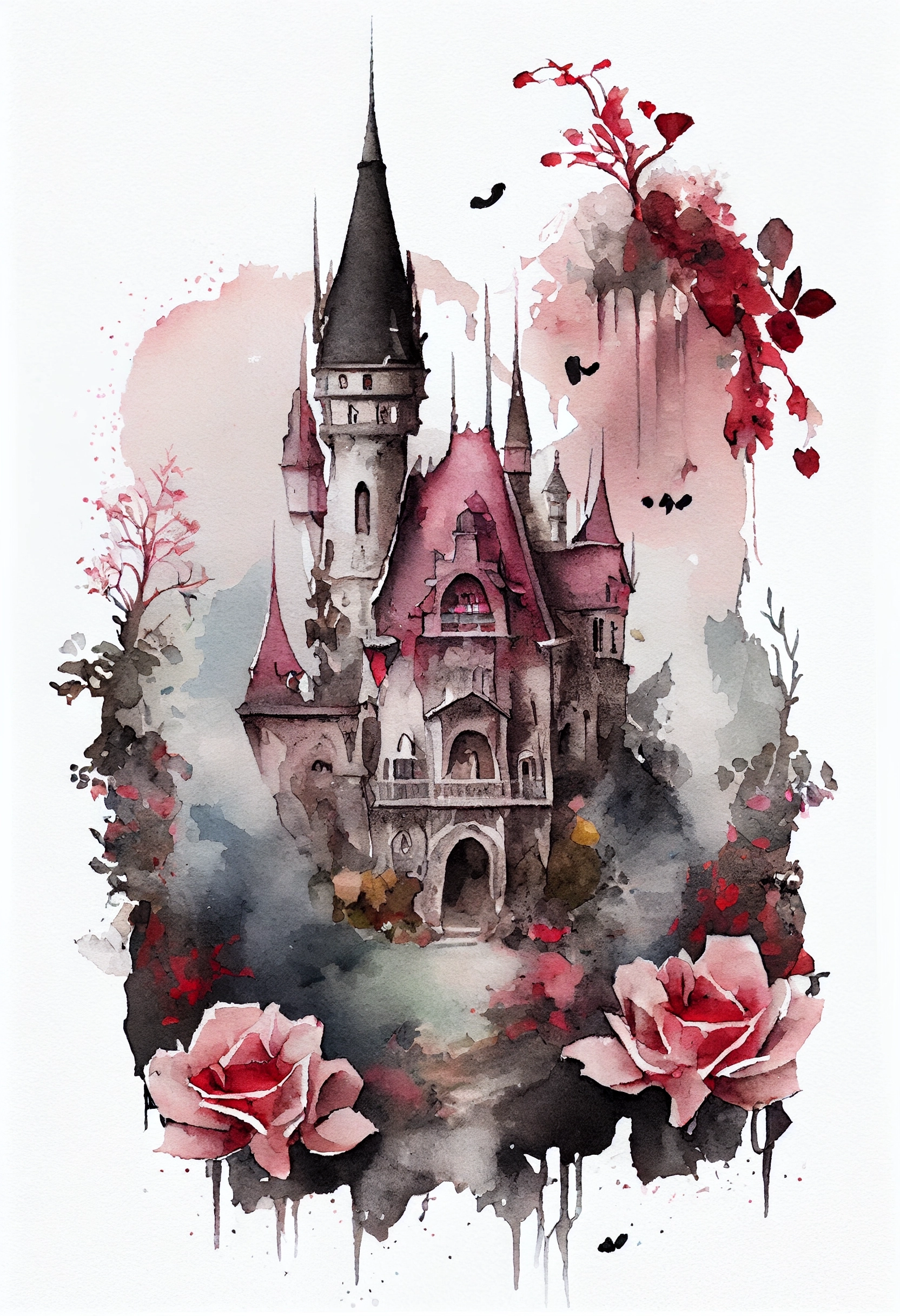 Watercolour Gothic Castle with Red Roses