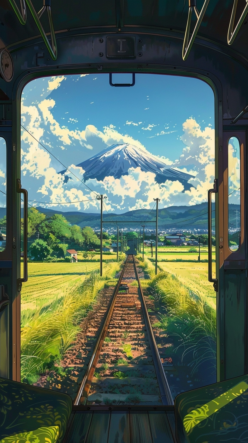 Scenic Train Ride: Mount Fuji in Miyazaki Style