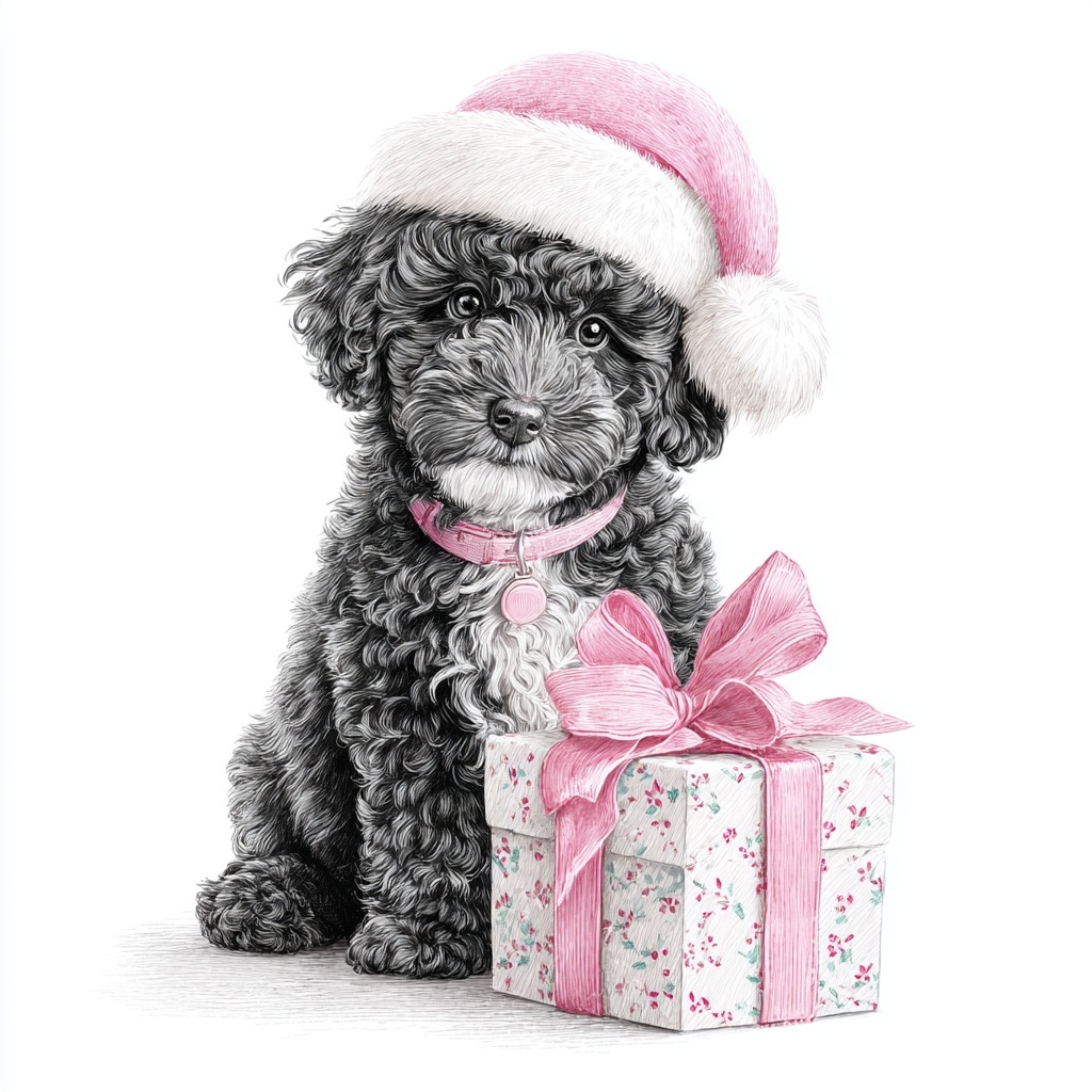 Cute Black Poodle with Gift in Santa Hat Illustration