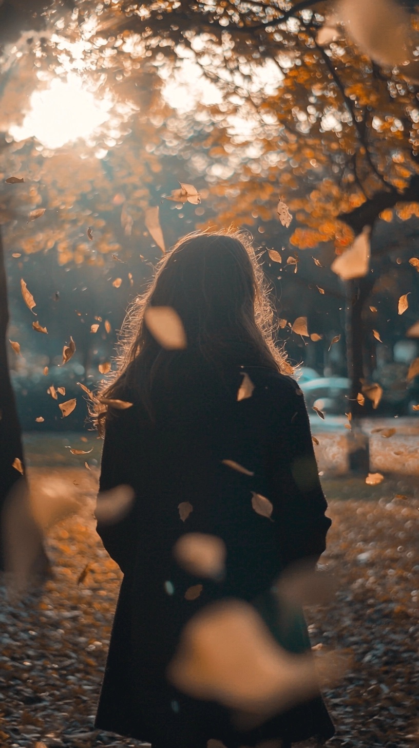 Tranquil Lofi Autumn Park Scene with Falling Leaves