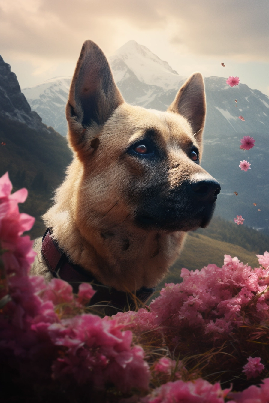 Anime-inspired Dog in 8k 3D Mountains