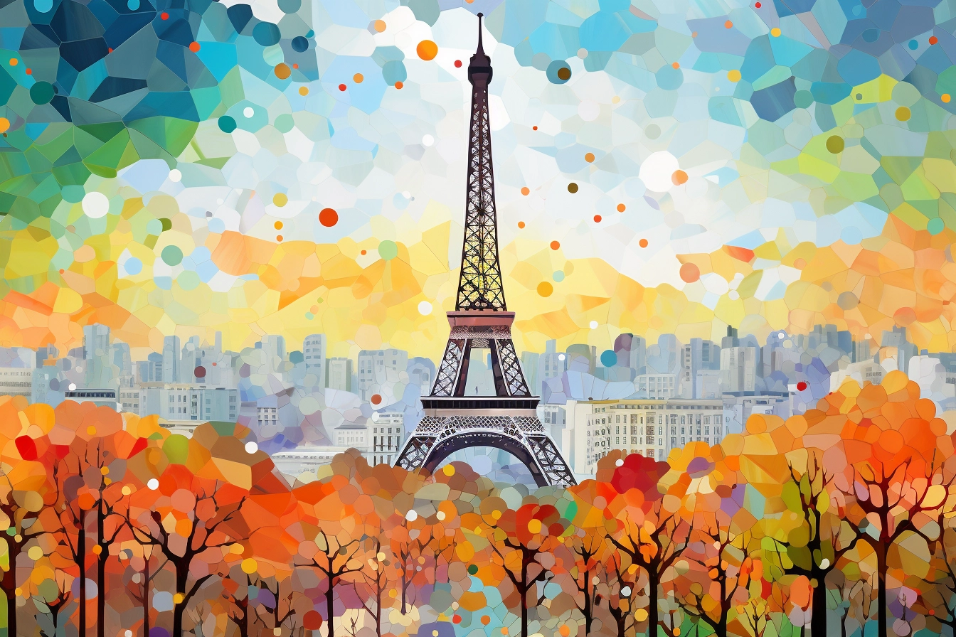 Futurist Paris: Vibrant Cityscape with Fall Foliage & Eiffel Tower