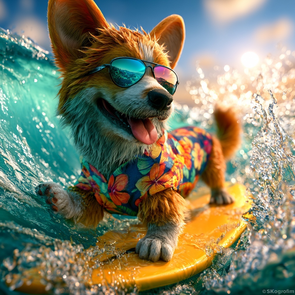 Joyful Corgi Surfing in Tropical Paradise