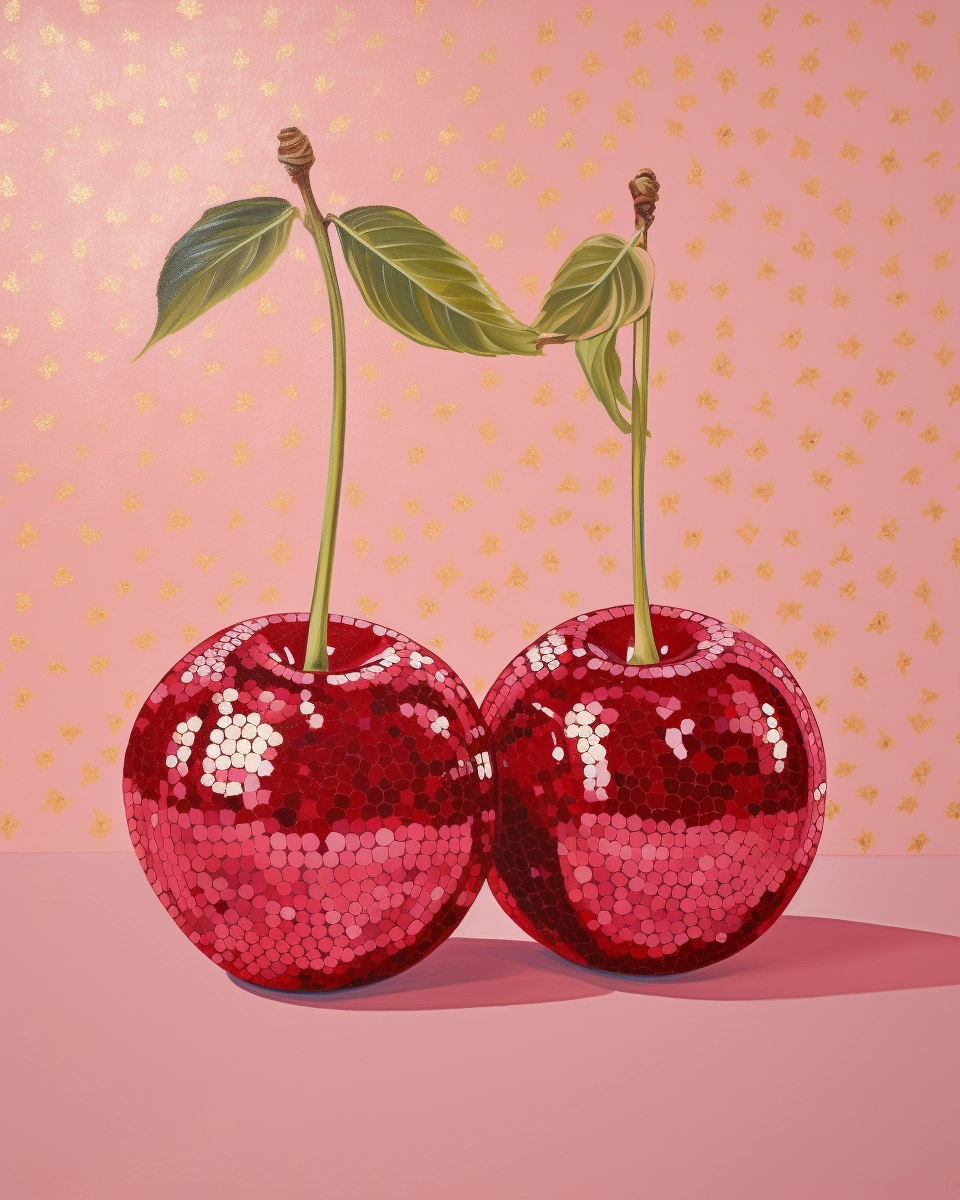 Cherries Disco Balls: Vibrant Mosaic Art on Pastel Red Canvas