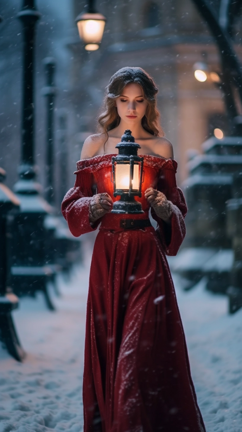 Red Dress in Snow: Gothic Fairycore Celebrity Photography