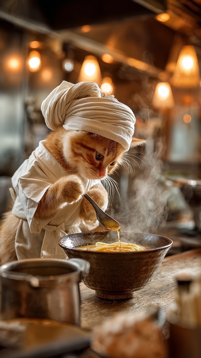 Adorable Kitten Chef in Ramen Shop Kitchen