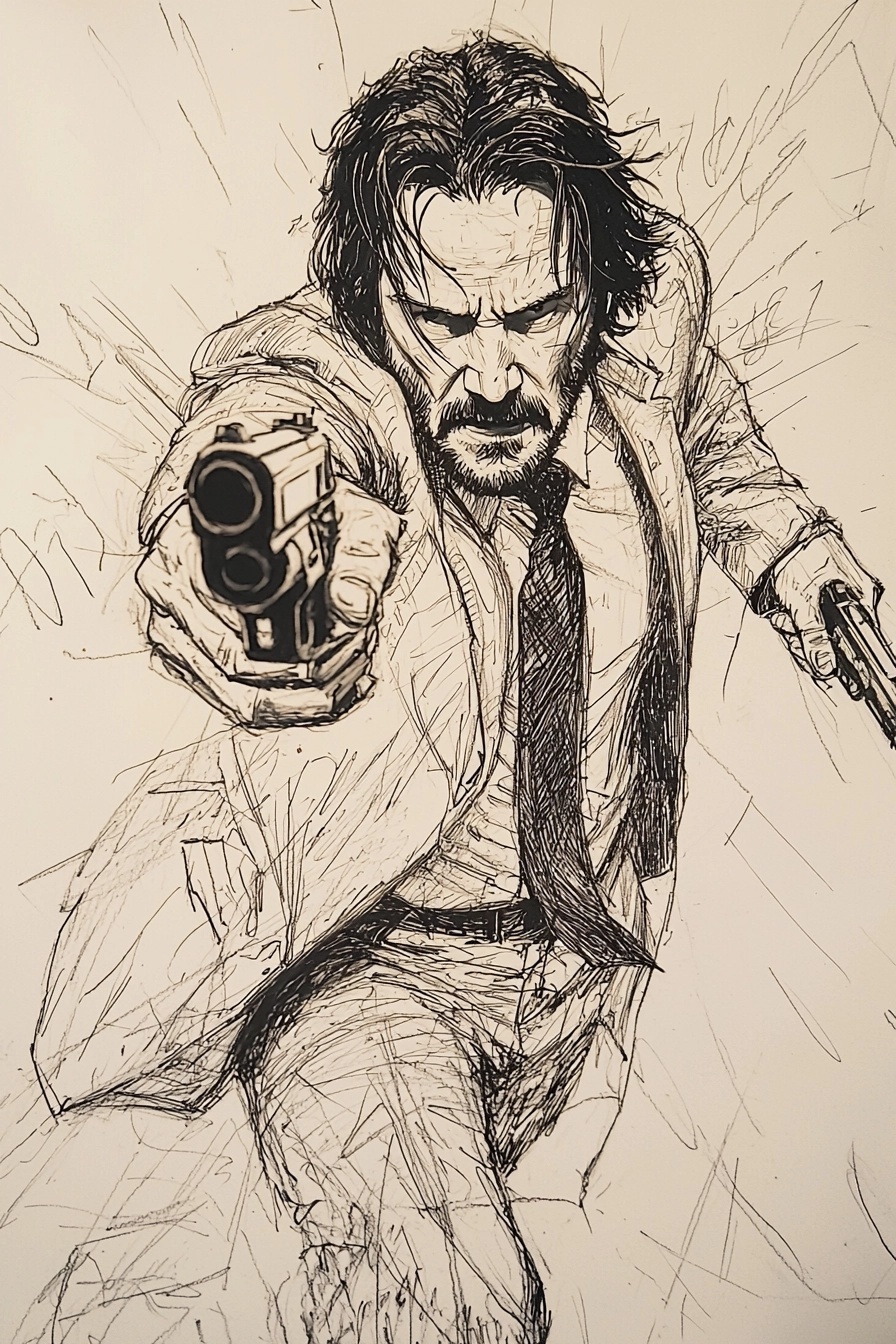 Dynamic John Wick Sketch in Cool Grey Tones