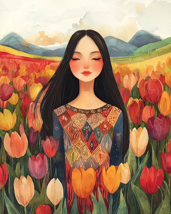 Whimsical Kazakh Woman in a Tulip Dream