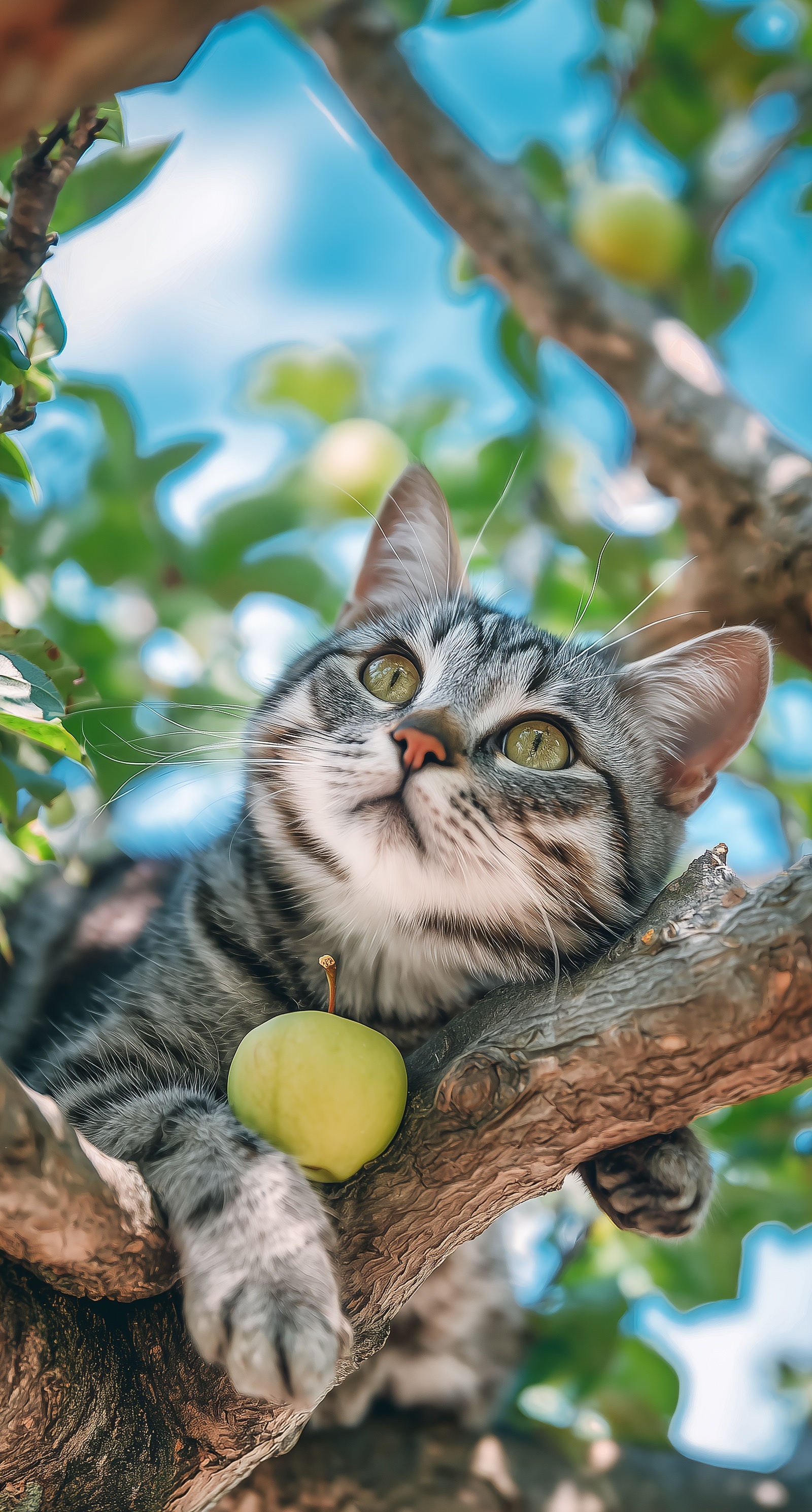 Charming Cat in a Tree: Dreamy Sky Background