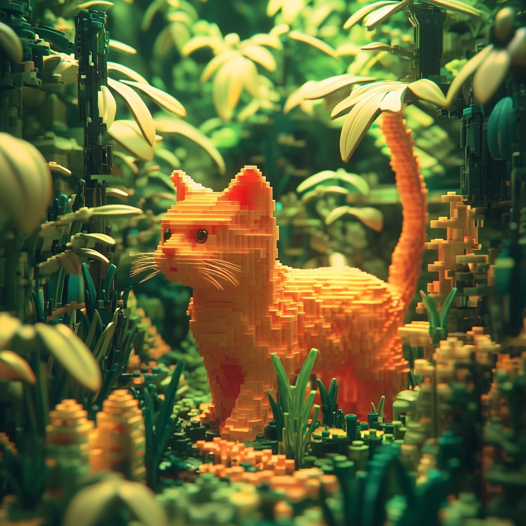 Playful Orange Cat in a 3D Lego Jungle