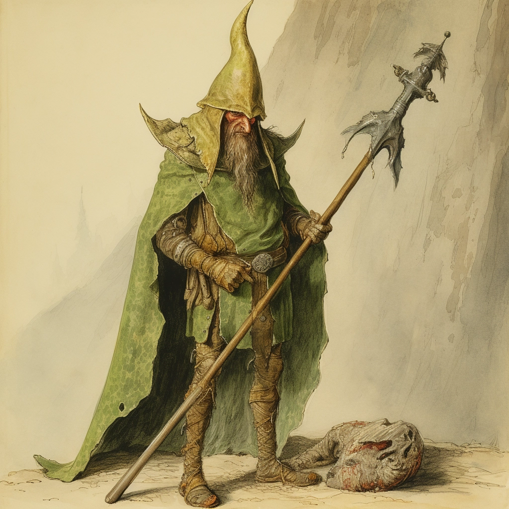 Intricate Hieronymus Bosch Art: Green & Golden Robed Wood Elf Barbarian