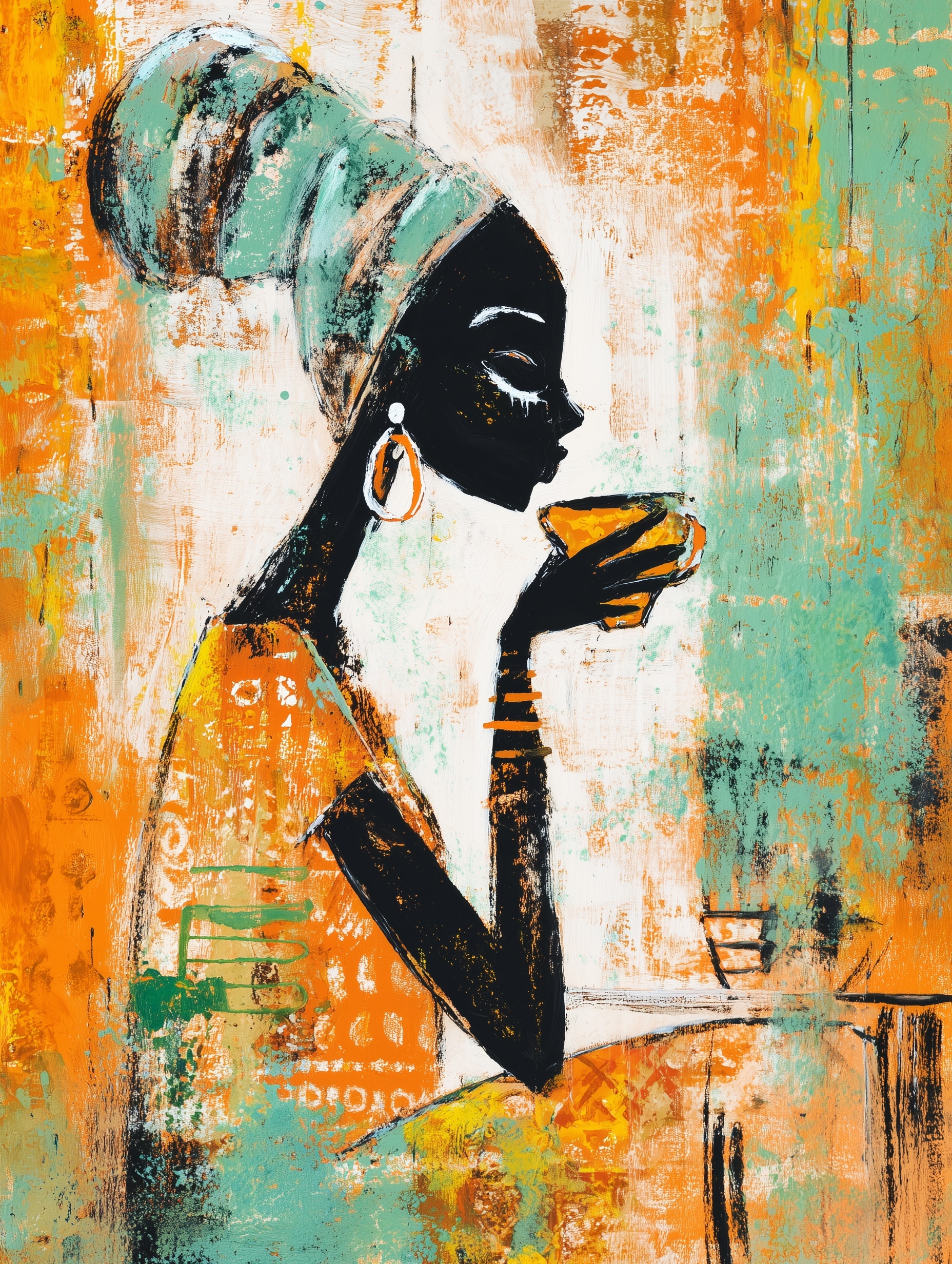 Modern Art: Black Woman Enjoying Coffee in Aboudia Style