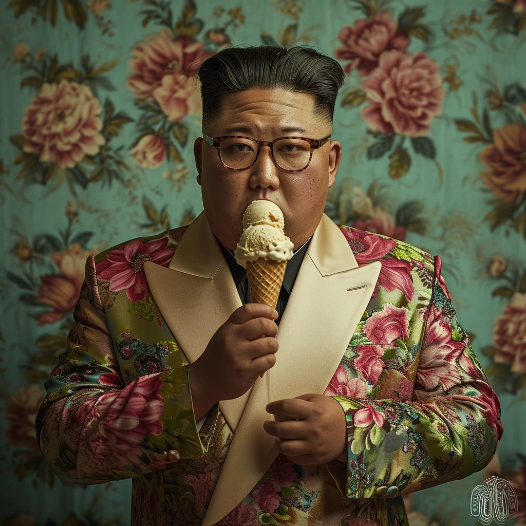 Wes Anderson-style Editorial Photo: Kim Jong Un in Colorful Tuxedo enjoying Vanilla Ice Cream