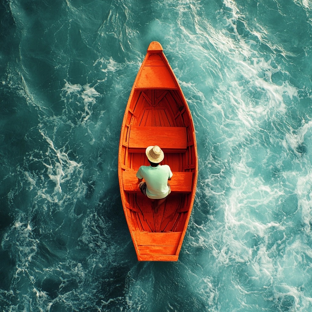 Explore Adventure: Man on Orange Boat at Sea