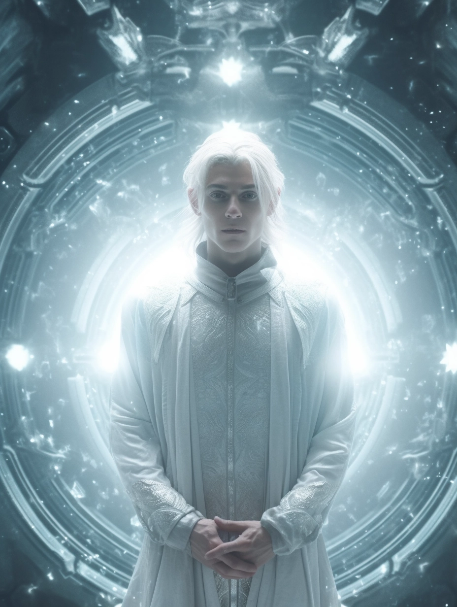 Silver-haired Elf at Starry Portal - Epic Sci-Fi Scene