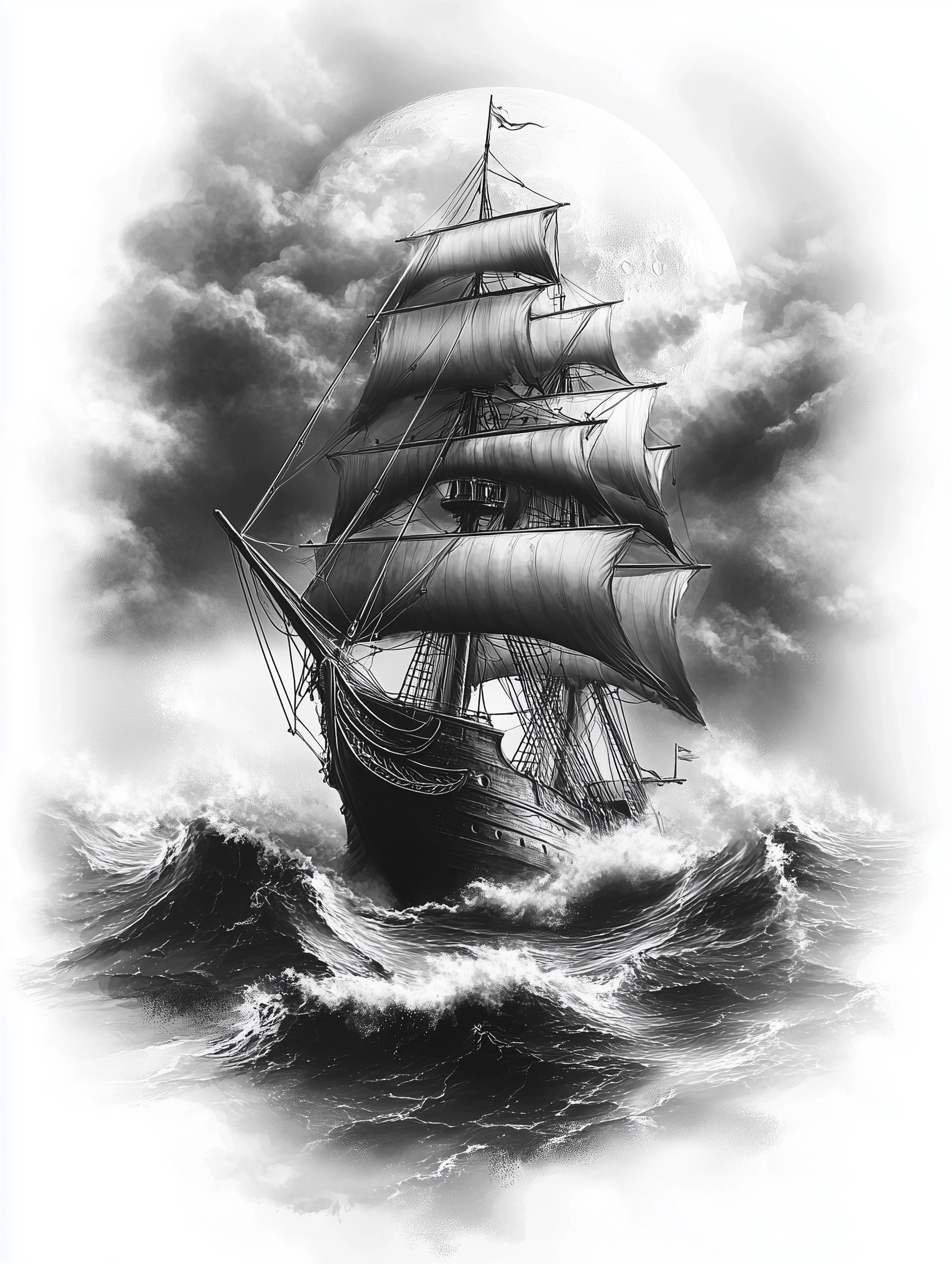 Epic Tattoo Design: Tall Ship & Moon in Waves