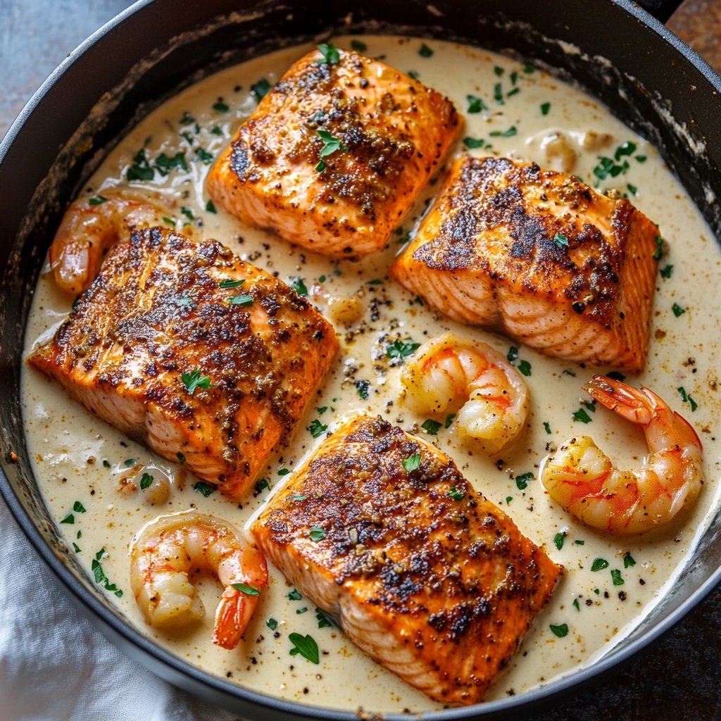 Cajun Shrimp & Salmon in Garlic Cream Sauce