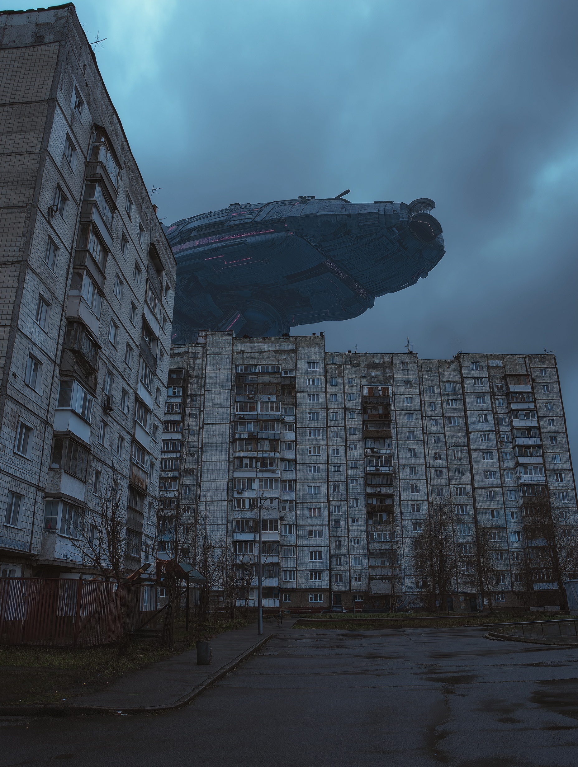 Retrofuturistic Soviet Ship Under Gloomy Skies