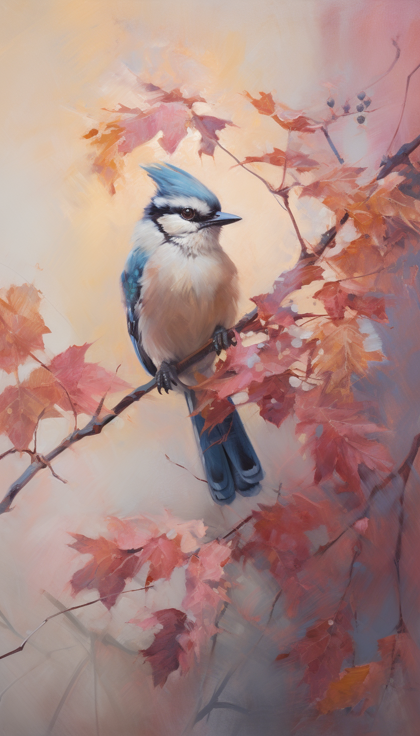 Nature's Palette: Fall Oak, Blue Jay, and Pastel Dawn