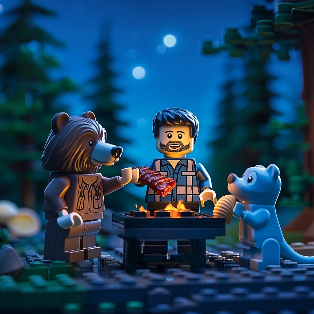 Campfire BBQ Fun: LEGO Man, Bear, and Otter!