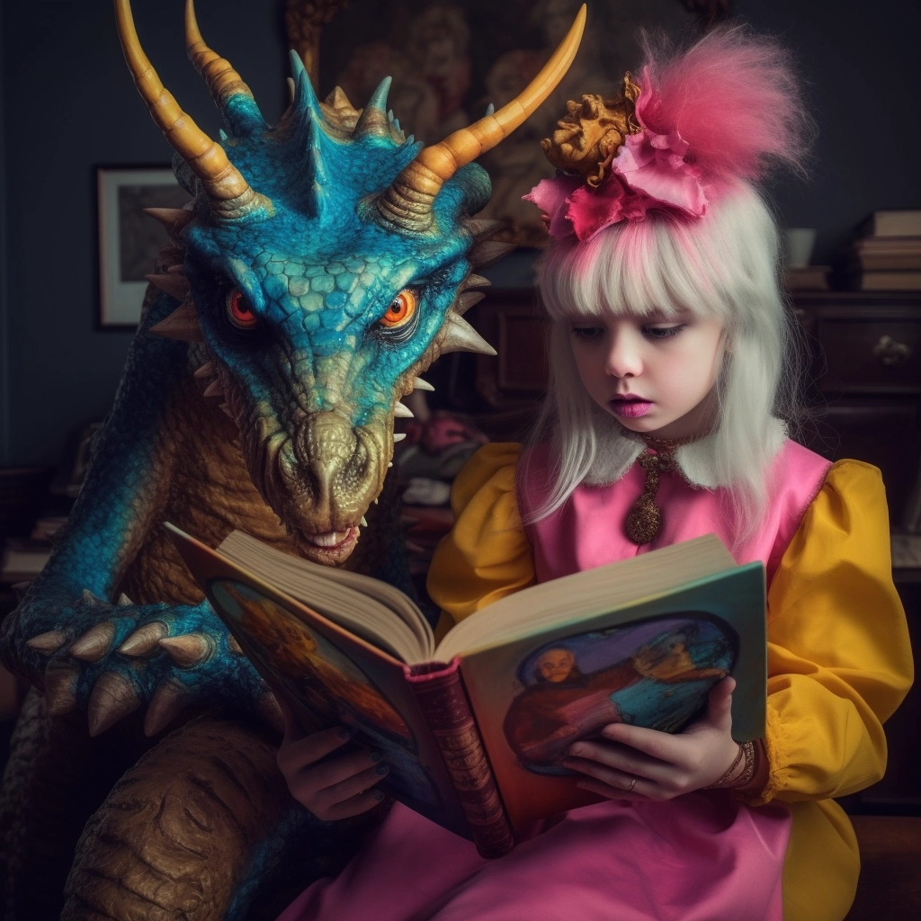 Monstrous Hybrid Dragon Reading to Little Girl