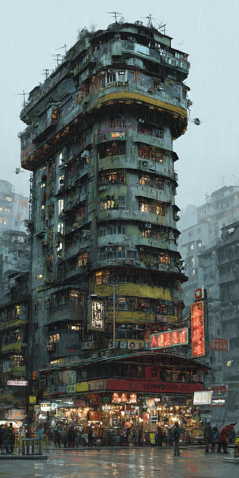 Gloomy Cyberpunk Corner Building Concept Art