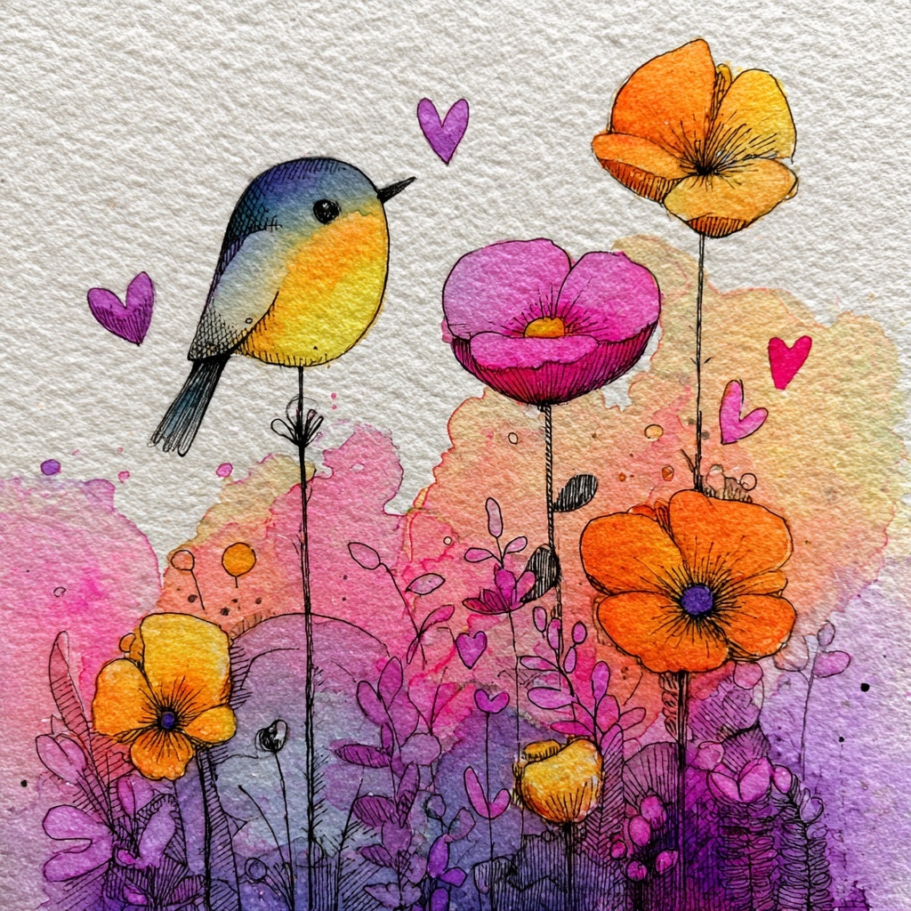 Whimsical Bird in Radiant Watercolor Wonderland