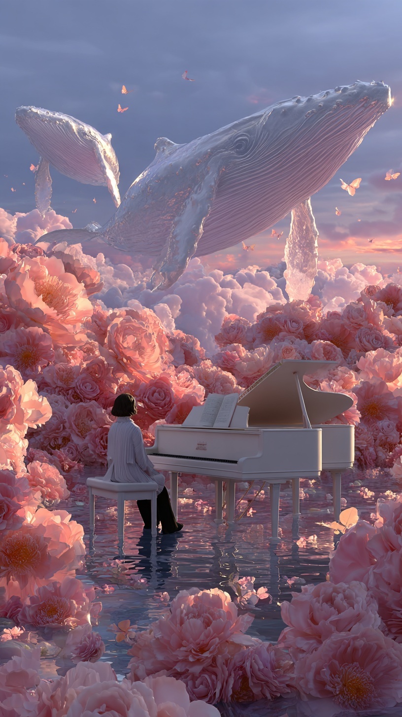 Surreal Dreamscape: Flowers, Music, and Whales