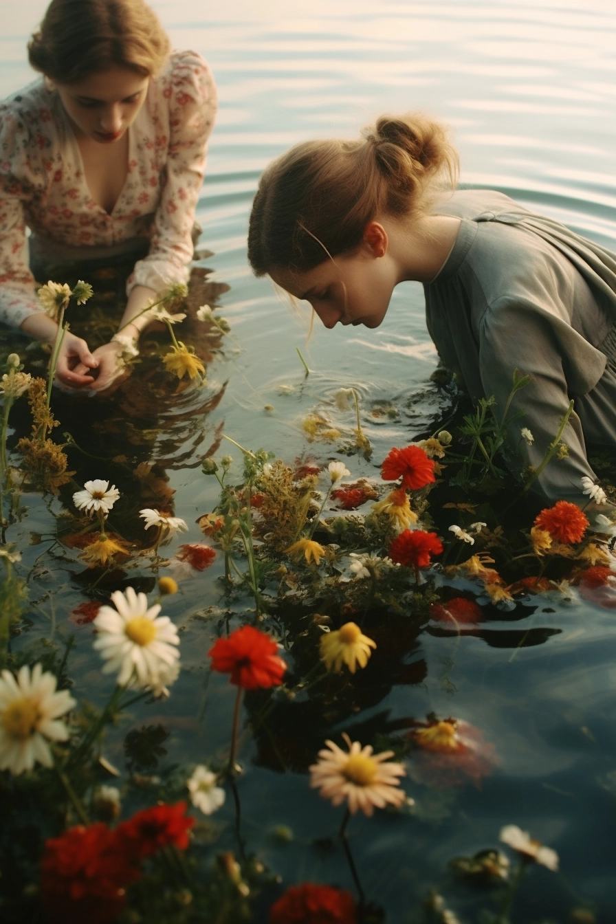 1954 Coastal Portrait: Young Women in Long Dresses Amidst Floral Waters