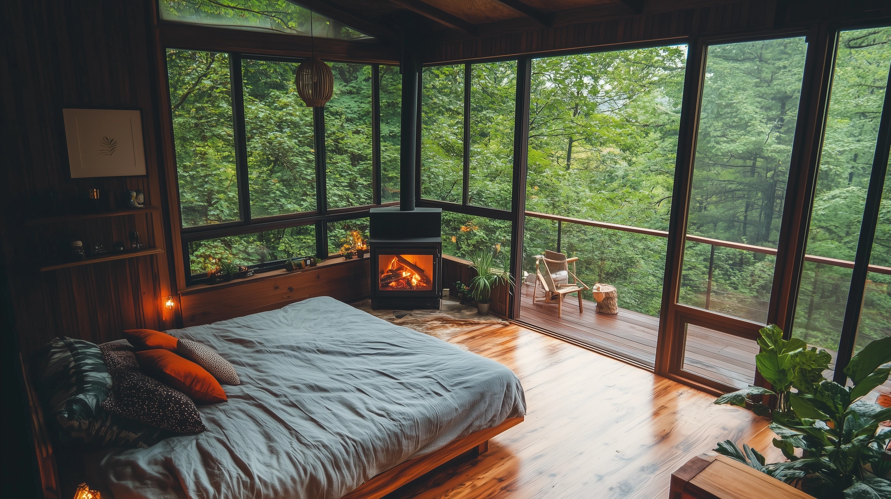 Cozy Forest View Bedroom Retreat with Fireplace