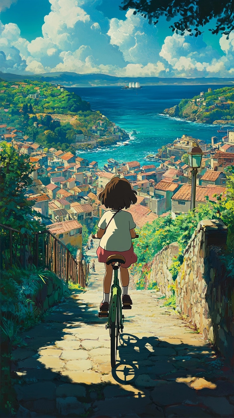 Charming Coastal Adventure: Girl on Bicycle