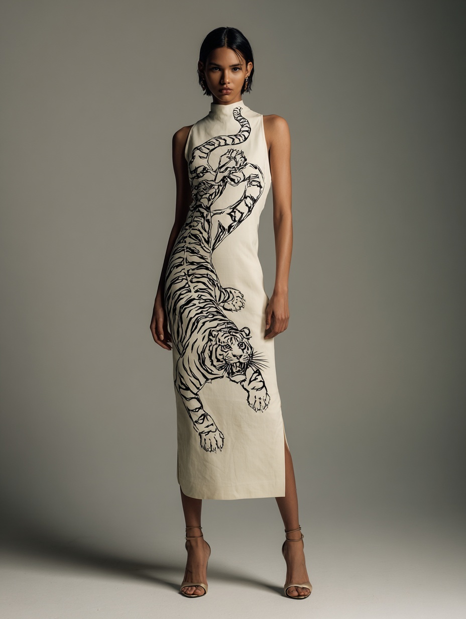 Chic Minimalist Dress with Bold Tiger Print