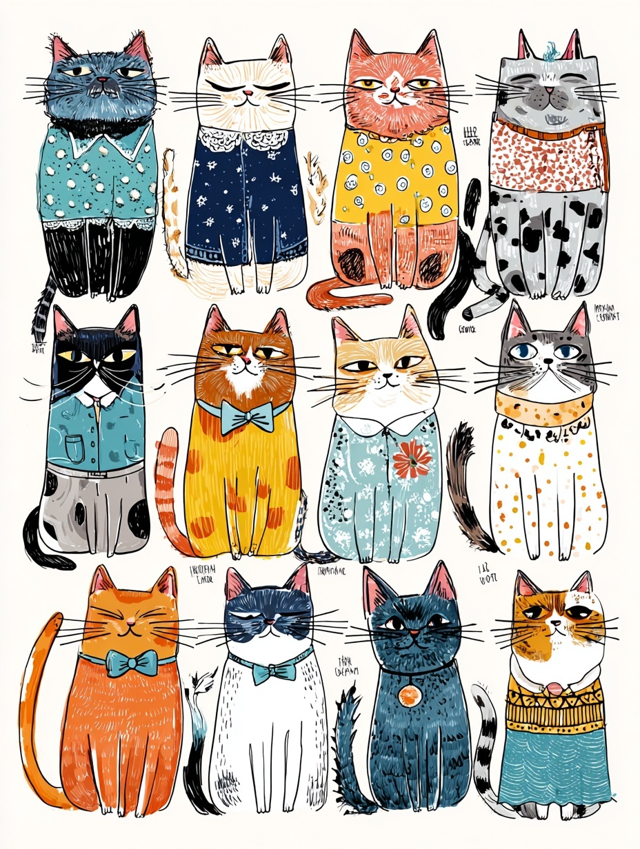 Whimsical Cat Doodle Art: Colorful & Charming
