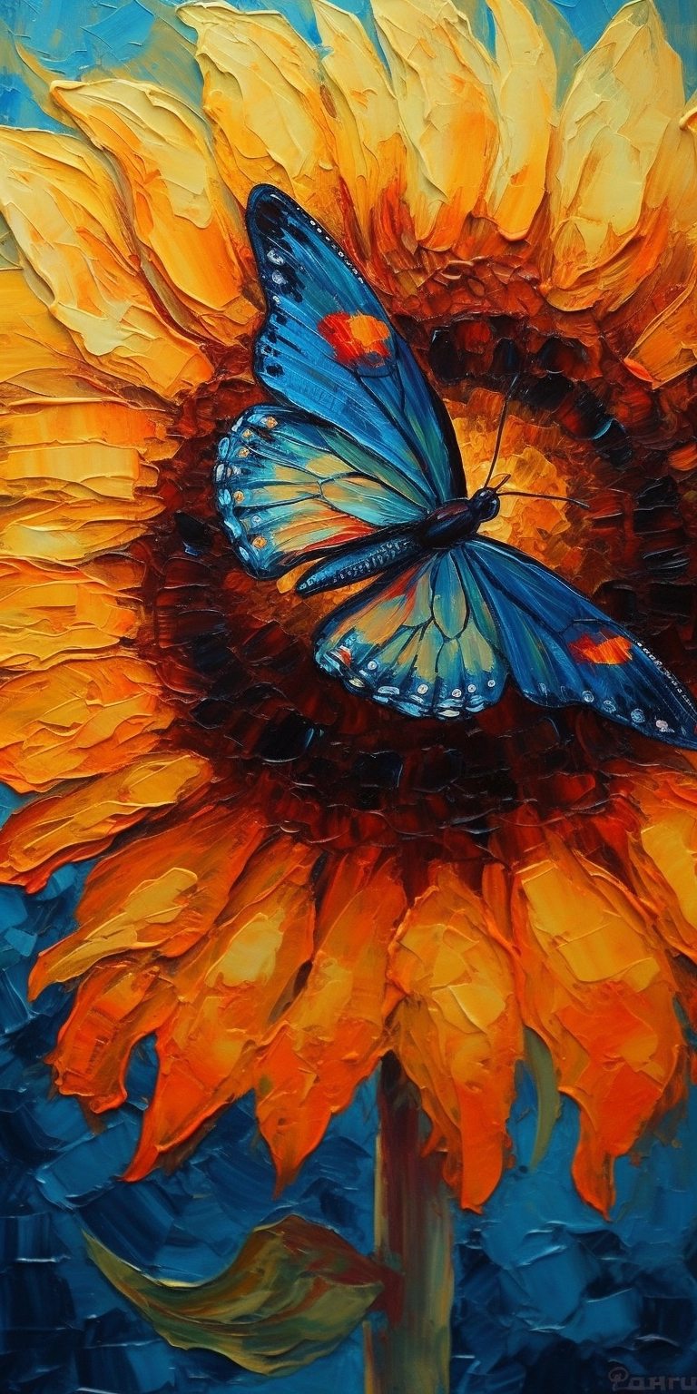 Sunflowers & Butterfly: Vibrant Van Gogh-Inspired Oil Painting