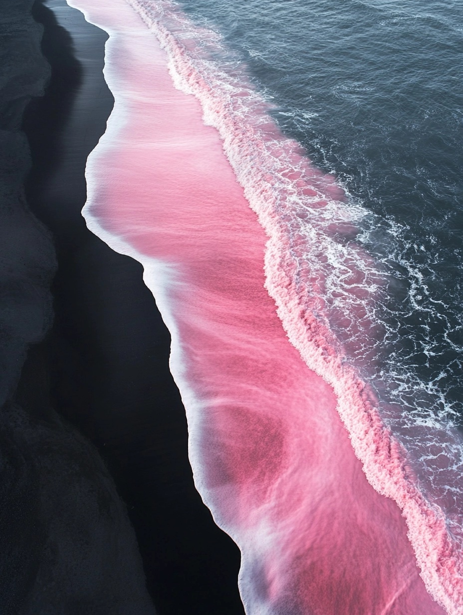 Dreamy Beach Escape: Pink Waves & Black Sand