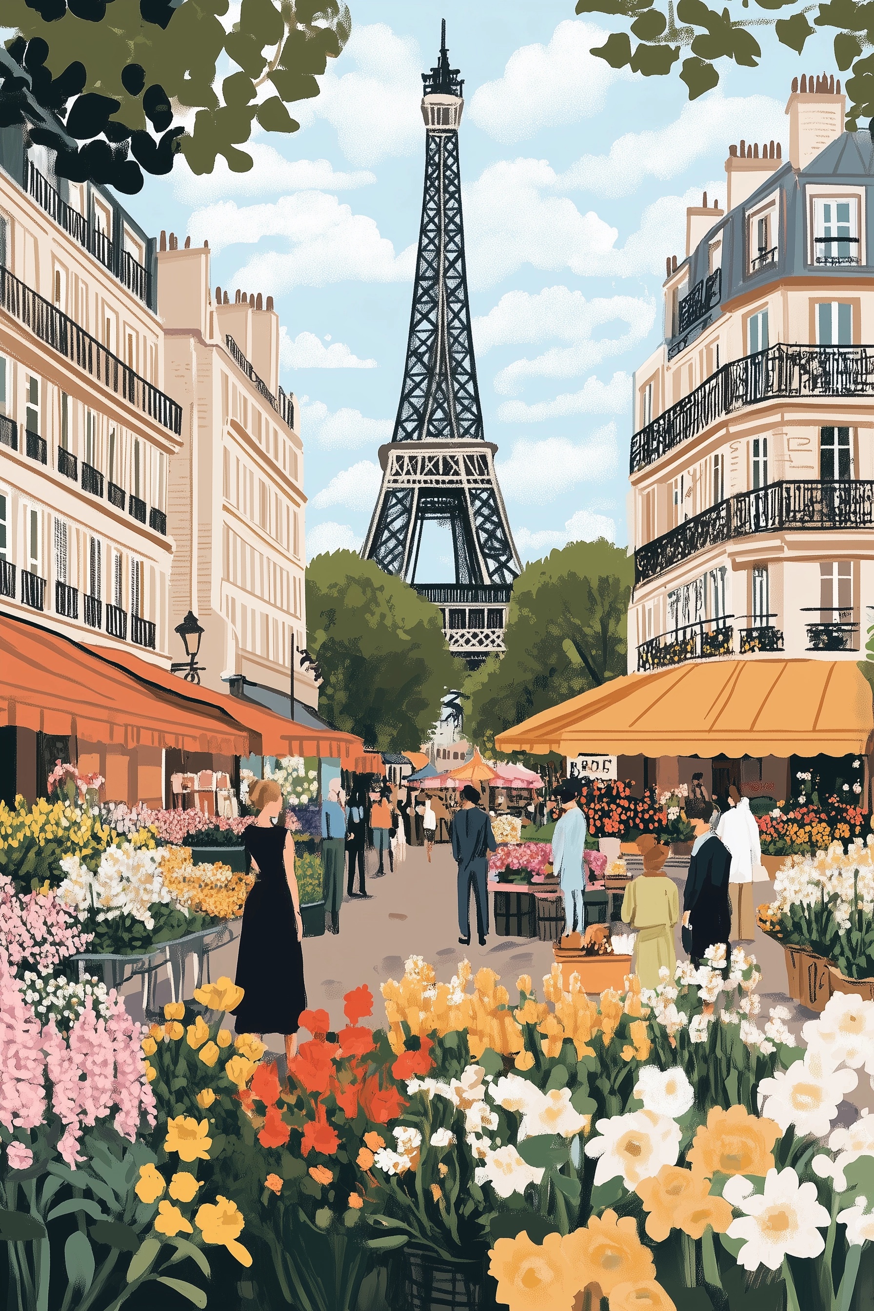 Charming Paris Flower Market Scene Illustration