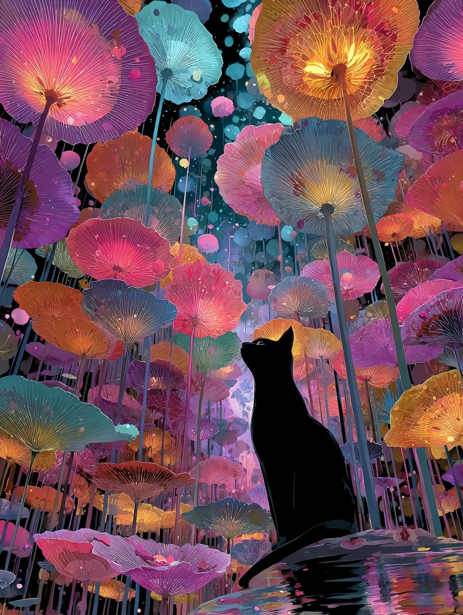 Surreal Cat Among Vibrant Giant Flowers