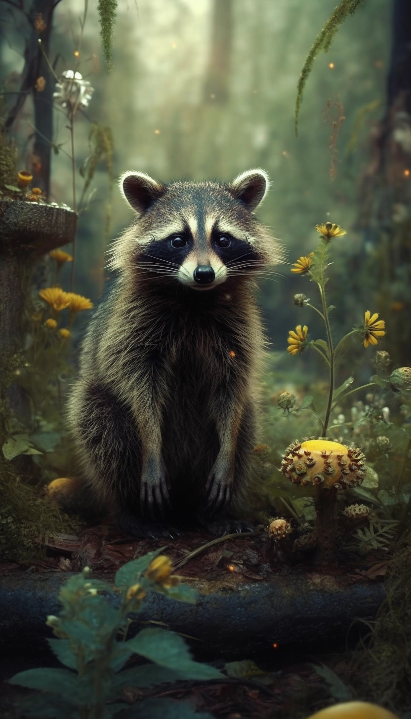 Cute Raccoon in Sunflower Garden