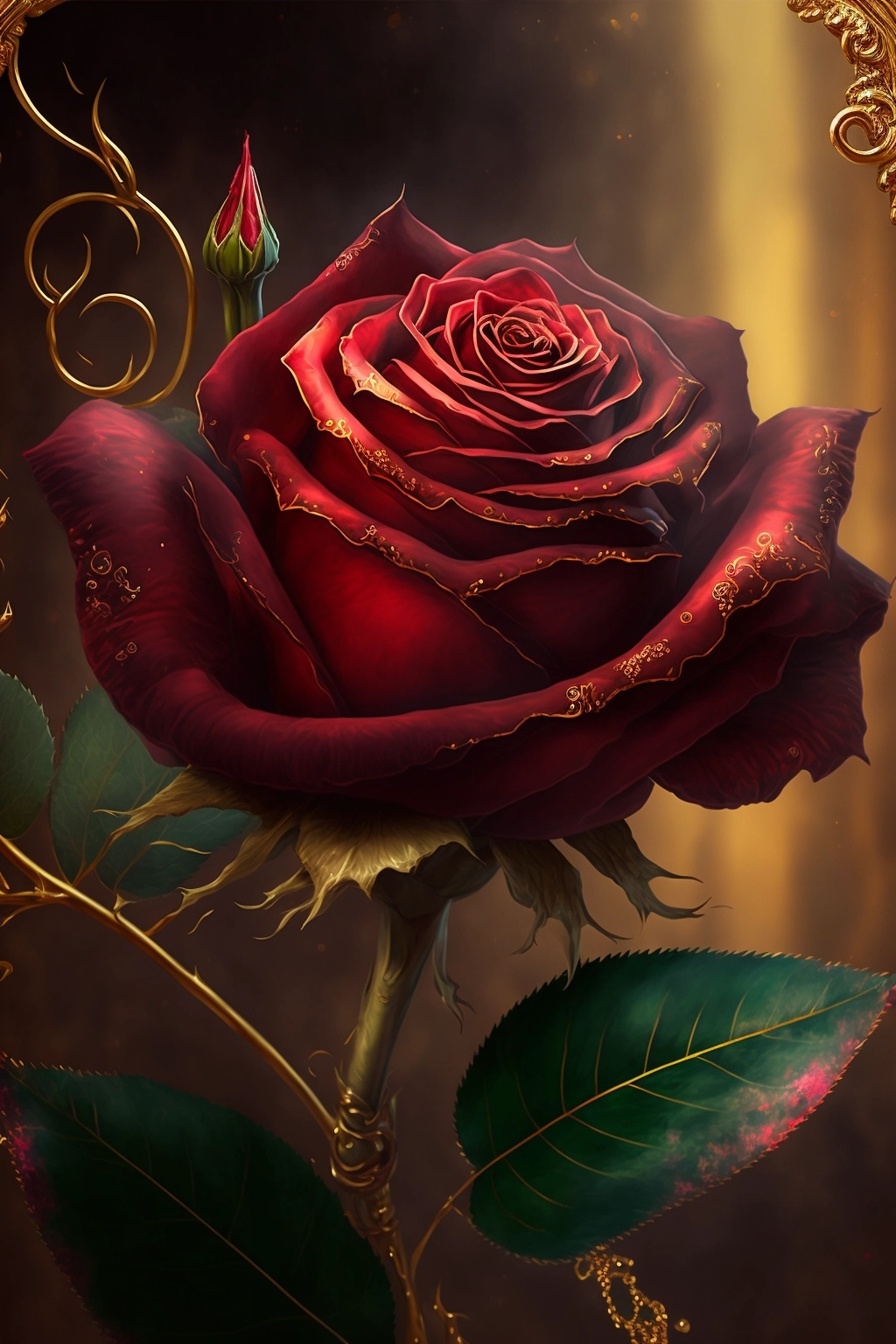 Majestic Ruby Red Rose on Golden UHD Background