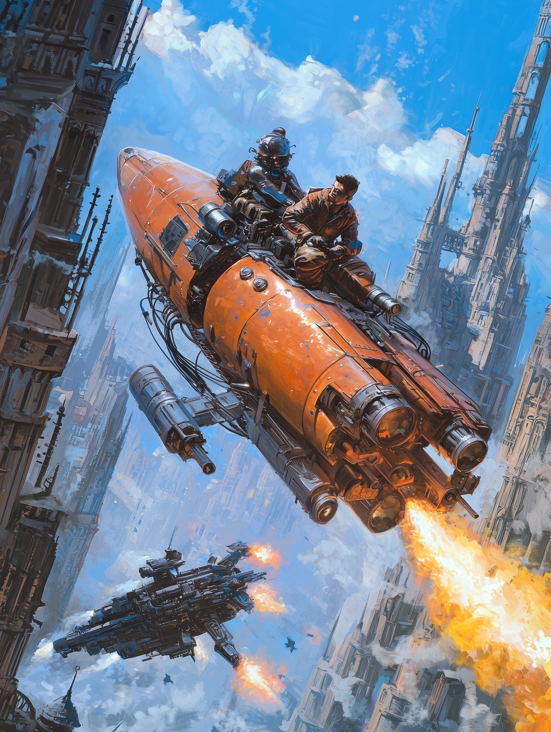 Steampunk Rocket Adventure Over Industrial City